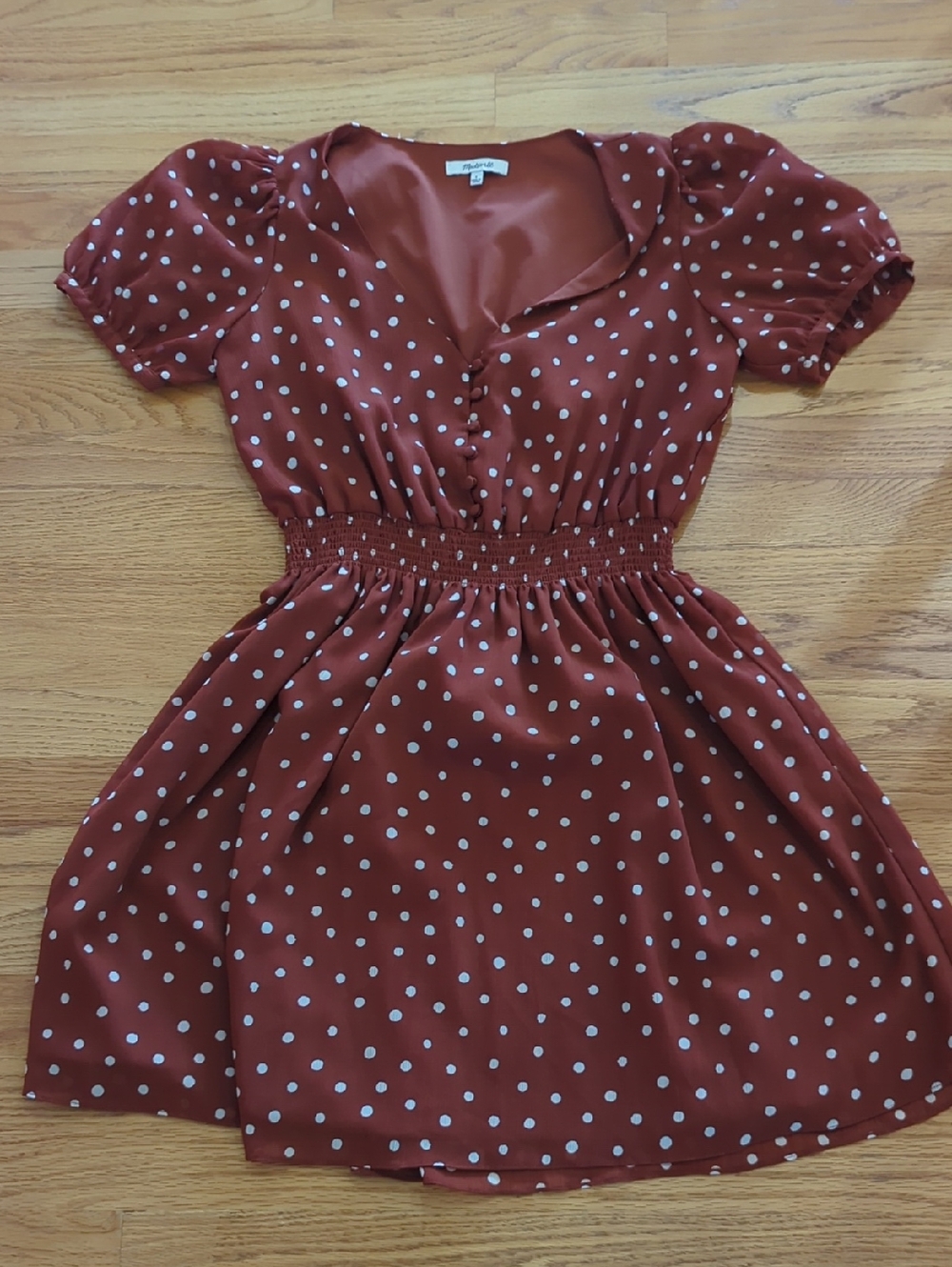 Madewell Rust Polka Dot Short Sleeve Smocked Waist Dress